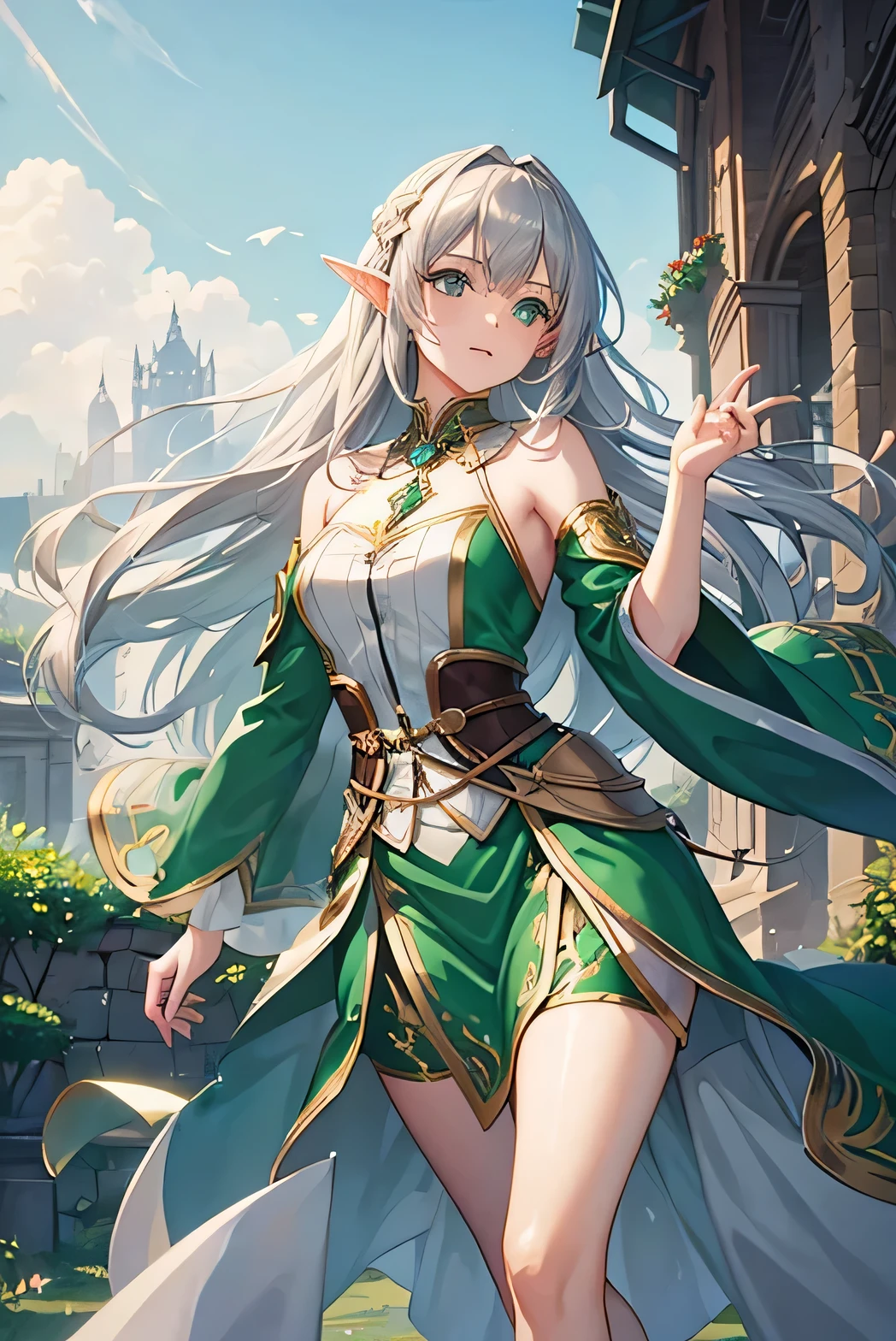 Beautiful elf magician，Green Skirt，Silver long hair，Magical city background