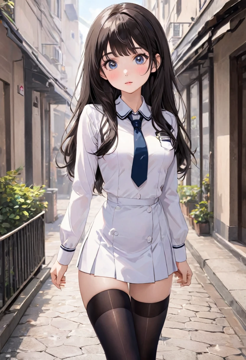Best Quality, Full Body Portrait, Delicate Face, Beautiful Face, Big Eyes: 1.1, Makeup: 1.2, 25 Years Old Woman, Slim Body, Small Bust, OL Uniform, Female White Collar Uniform, Office Uniform, Black Stockings, Outdoor Scene, Standing, Long Hair, Nudity, Nudity, Nudity