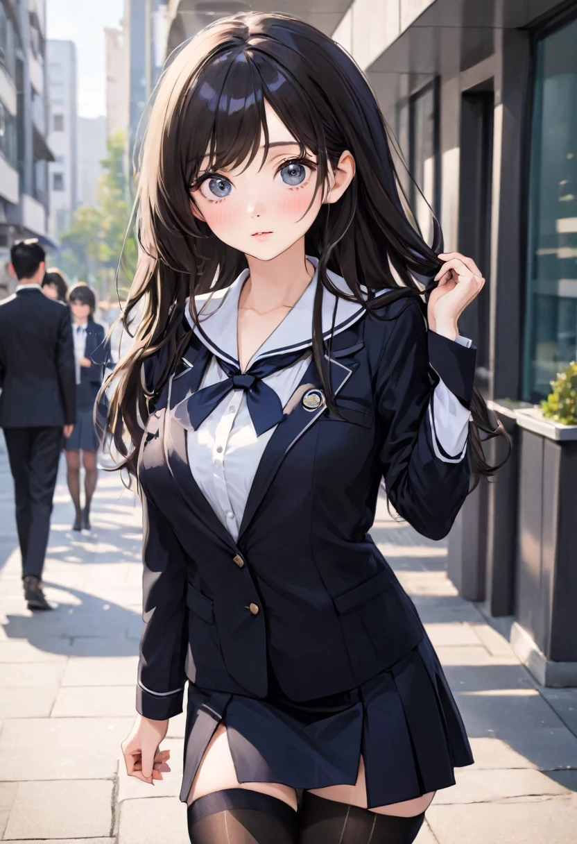 Best Quality, Full Body Portrait, Delicate Face, Beautiful Face, Big Eyes: 1.1, Makeup: 1.2, 25 Years Old Woman, Slim Body, Small Bust, OL Uniform, Female White Collar Uniform, Office Uniform, Black Stockings, Outdoor Scene, Standing, Long Hair, Nudity, Nudity, Nudity