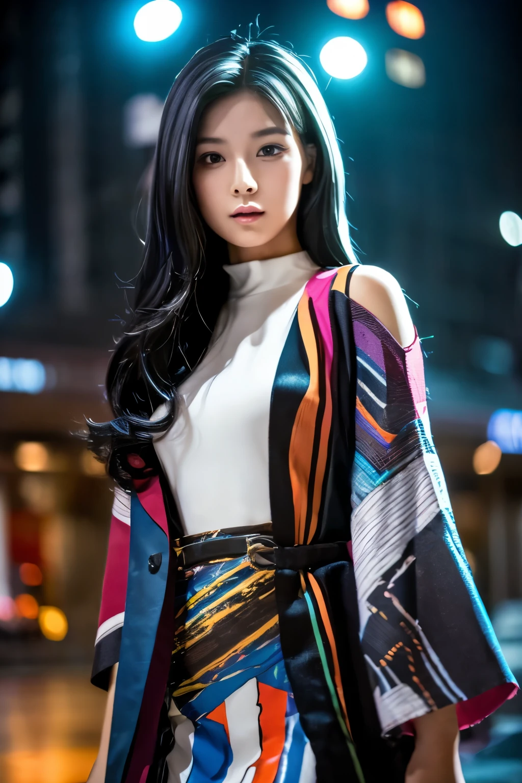 Masterpiece, high quality, high resolution, 8K, (solo:1.2), ((1girl)), Japanese woman, detailed face, detailed eyes, correct body structure, upper body, ((White hair:1.2)), very long hair, messy hair, slender body, seductive silhouette, luminous bones, depth of field, dark photo at nighttime, dimly lit, bangs, Cinematic Lighting, Tyndall effect, abstract background, futuristic outfits, vibrant colors, modern style, wide sleeves, artistic, unique patterns, colorful, stylish, trendy
