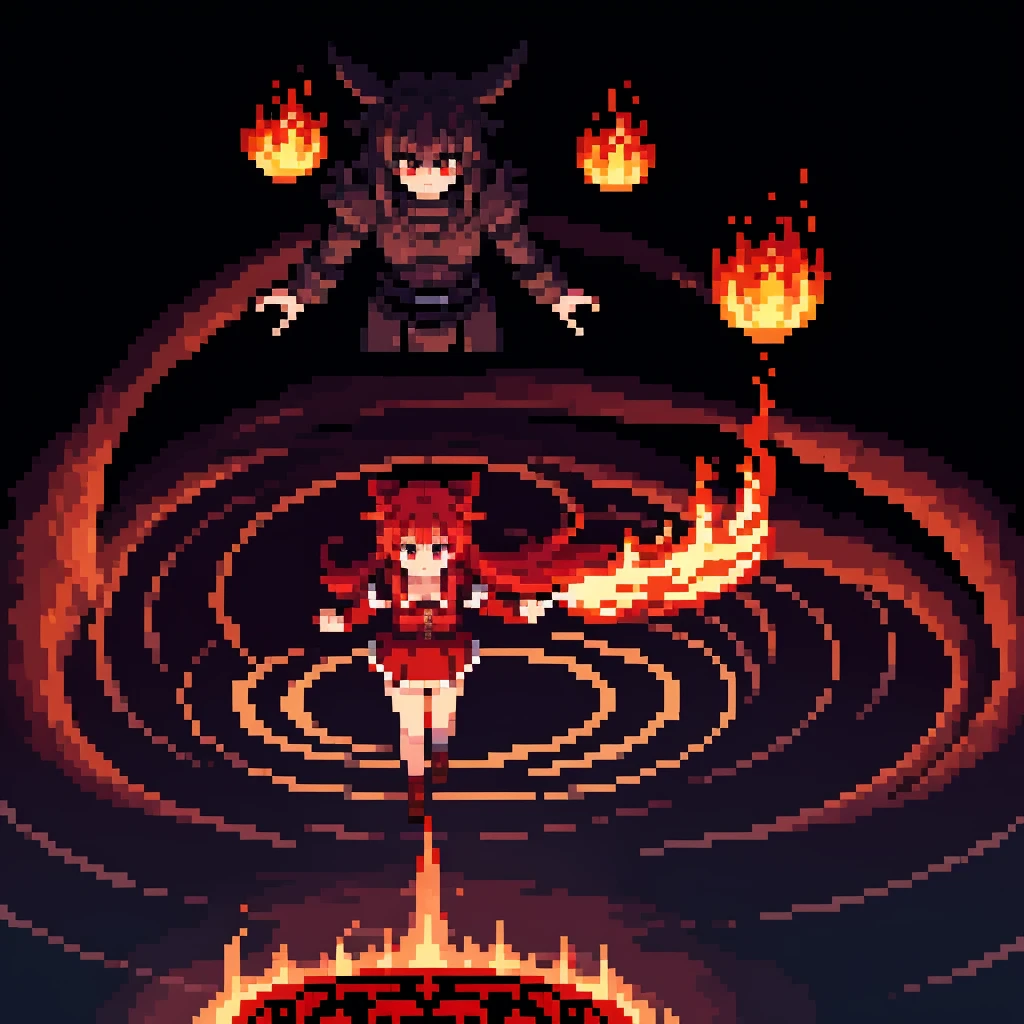 Anime girl floating, summoning curses, boss fight, boss arena, menacing, dark fantasy, red flames, ritual circles