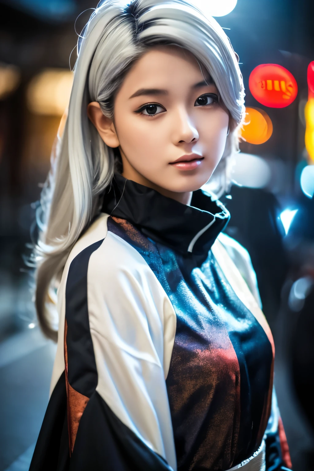 Masterpiece, high quality, high resolution, 8K, (solo:1.2), ((1girl)), Japanese woman, detailed face, detailed eyes, correct body structure, upper body, ((White hair:1.2)), very long hair, messy hair, slender body, seductive silhouette, luminous bones, depth of field, dark photo at nighttime, dimly lit, bangs, Cinematic Lighting, Tyndall effect, abstract background, futuristic outfits, vibrant colors, modern style, wide sleeves, artistic, unique patterns, colorful, stylish, trendy