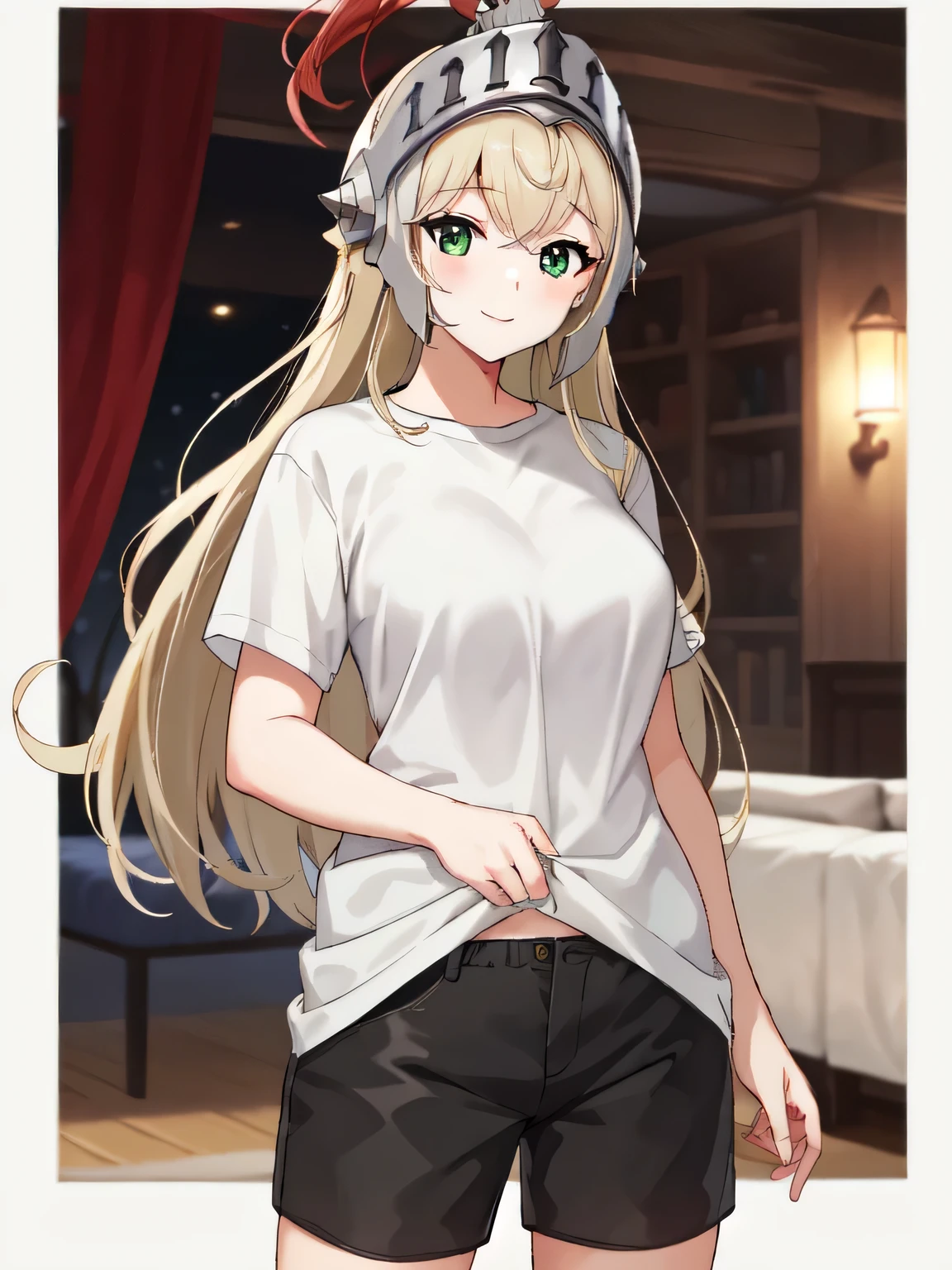 1girl, female_knight_(guardian_tales), platinum blonde hair, green eyes, long hair, knight helmet, white shirt, black shorts, standing, casual clothes, light smile