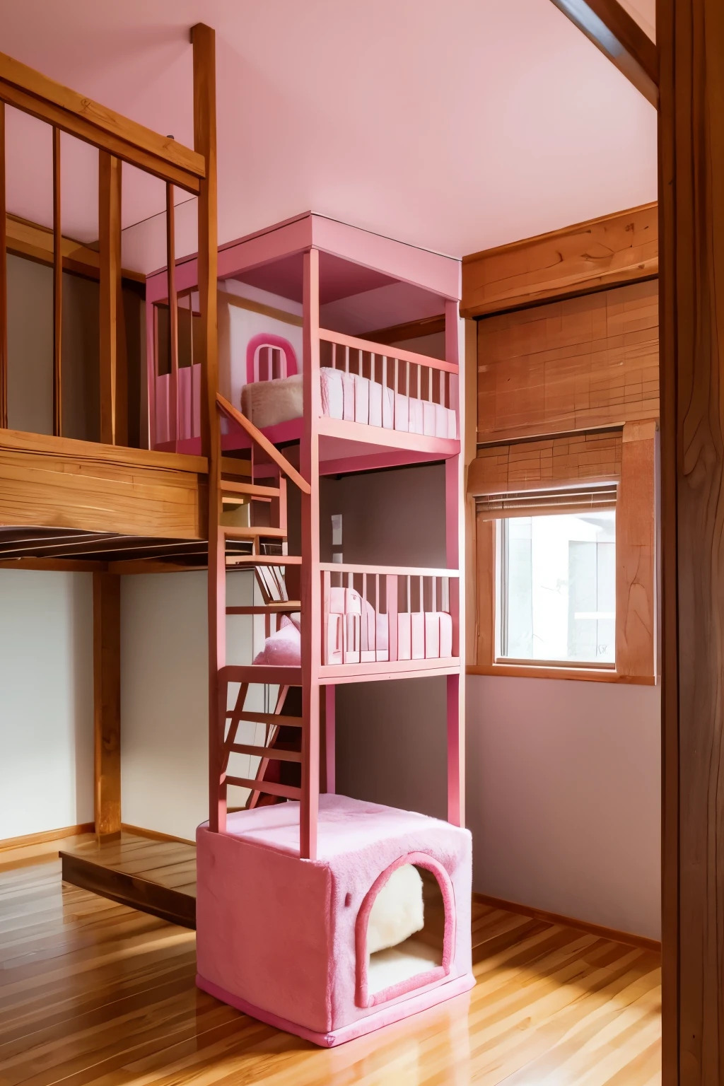 Indoor wooden cat house，4-story height，Pink surface，Plush texture，Unique art form、