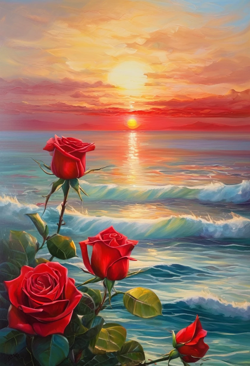 An oil painting,sunrise,Ocean,horizon,peaceful,transparent cubes,Red Rose,story