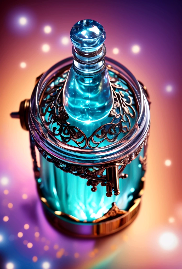 perfume bottle with its atomizer, fine, elegant, magical, mystical, energetic, centralized in the center, the bottle surrounded by energy, beautiful,4k