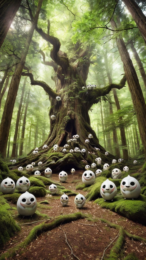 A large ancient tree in a mystical forest with multiple kodama, Japanese tree spirits, scattered around. Some kodama are perched on the branches of the tree, while others are on the forest floor. The kodama have white, slightly translucent bodies, round heads with black holes for eyes and mouth, and simple, friendly expressions. They have very slim bodies matching the reference image. The forest is dense with tall, ancient trees, glowing ethereal lights, and an enchanted atmosphere. The dappled sunlight filtering through the leaves adds to the mystical and serene feeling. The image should be in a 9:16 aspect ratio.