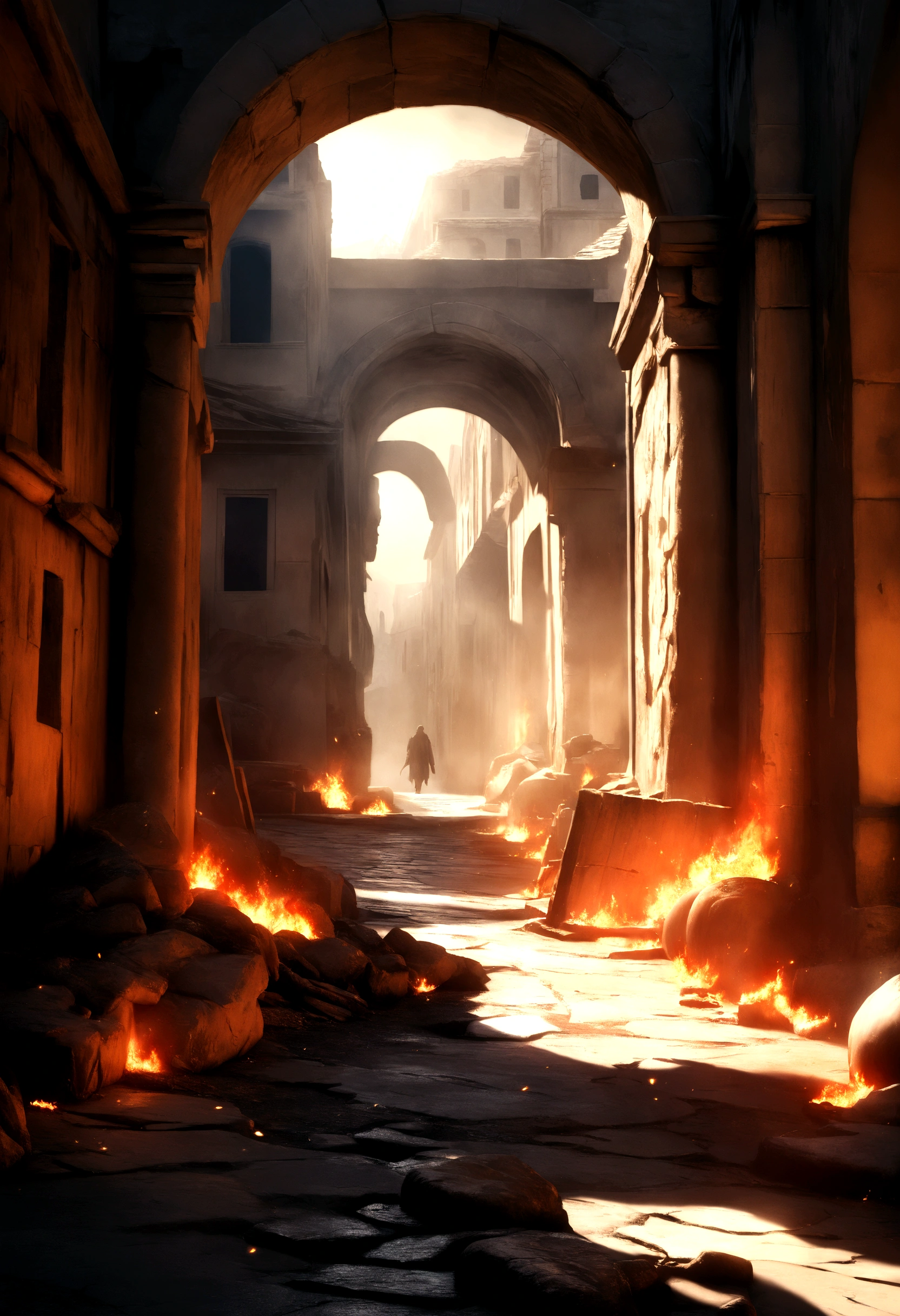 cinematic, dramatic lighting, intense fire, ancient Roman streets, crumbling architecture, billowing smoke, vibrant flames, high contrast, volumetric lighting, dramatic shadows, glowing embers, photorealistic, 8k, hyper detailed, cinematic composition, chiaroscuro, moody atmosphere, post-apocalyptic, dystopian, epic scale, masterpiece