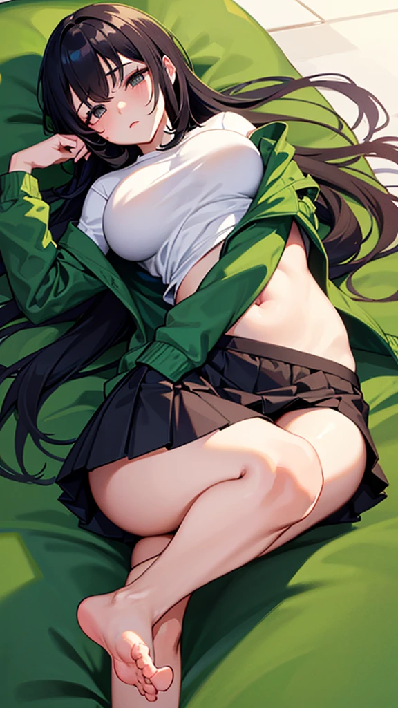 A girl who was sleeping on her back. She has big breasts and has a sexy body. It has a beautiful and white face. It has long black hair. Wearing a green jacket and wearing a white t-shirt and wearing a short black skirt. Her breasts are shown. She opens her skirt to reveal her genitals. Background on a white mattress. Displays the whole body to the feet