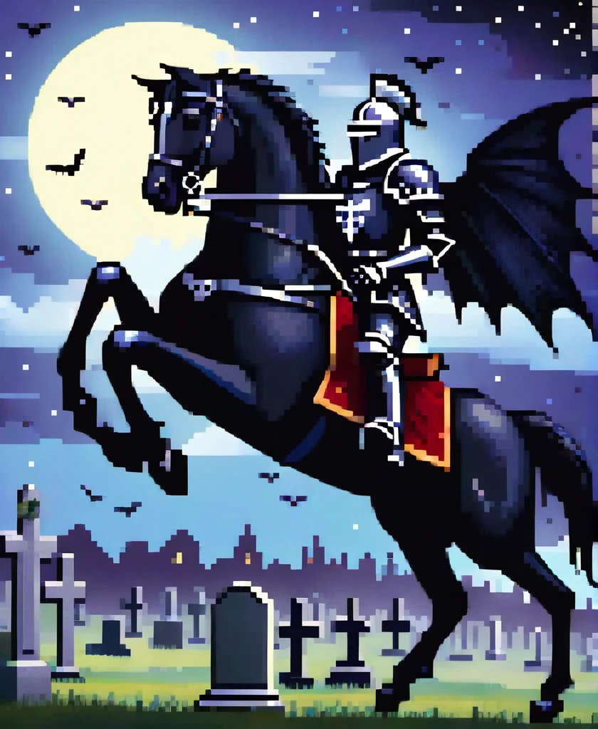 gothic black knight injured flying to the night sky in a cemetery