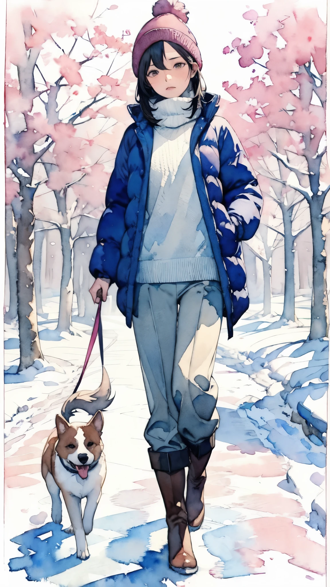 (masterpiece),(Highest quality:1.2),(Very detailed:1.2),(High resolution),(((watercolor))),8K,A woman walking along a snow-covered tree-lined street,Wool pants,boots,Down jacket,Knitted hat,Walking with a small dog,透明watercolor,(Cold face)