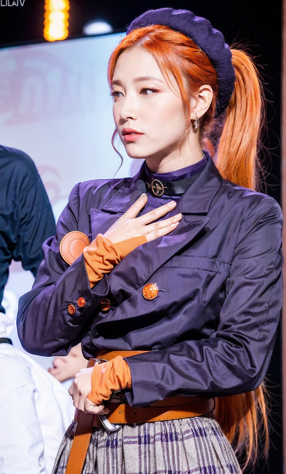 ulzzang-6500-v1.1, (raw photo:1.2), (photorealistic:1.4), beautiful detailed girl, very detailed eyes and face, beautiful detailed eyes, ridiculous, incredibly ridiculous, huge file size, super detailed, high resolution, very detailed, best quality, 1girl, , (1girl:1.2), kawaii, stageidol,suisei cos , gloves, plaid, black gloves, choker, star (symbol),partially fingerless gloves, belt, plaid dress,plaid skirt, skirt, bracelet, shirt, buttons, blue belt,ascot,double-breasted, blue ascot, plaid jacket, jacket, collared shirt, dress,grey jacket, black choker, long sleeves,blue ribbon, blue choker, grey skirt,jewelry,bracelet ,thigh strap, single thighhigh, socks, beret, hat,plaid headwear, grey headwear,crown, BREAK,(slender),((( amaranth purple eyes, side ponytail hair, orange color hair))),High quality and beautiful,, pretty girl,City at Shibuya,shopping