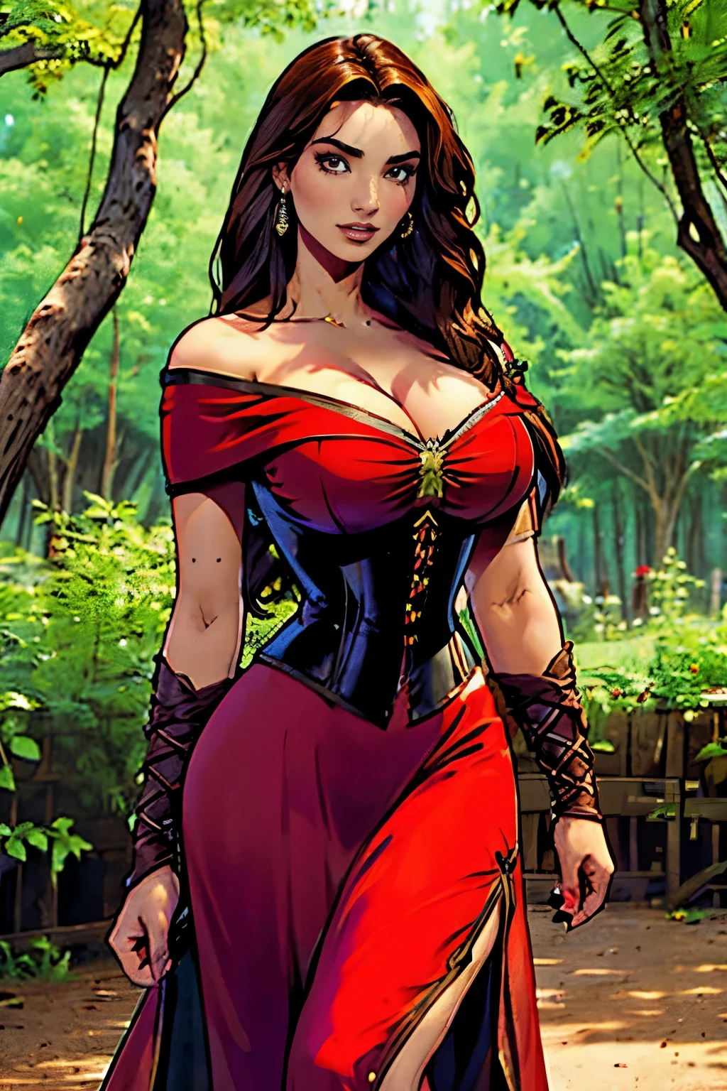 Gorgeous and sultry busty athletic (happy) brunette with sharp facial features, long hair, large breasts wearing a renaissance dress, off-shoulder, corset, red dress, In a renaissance fair, medieval village, forest.