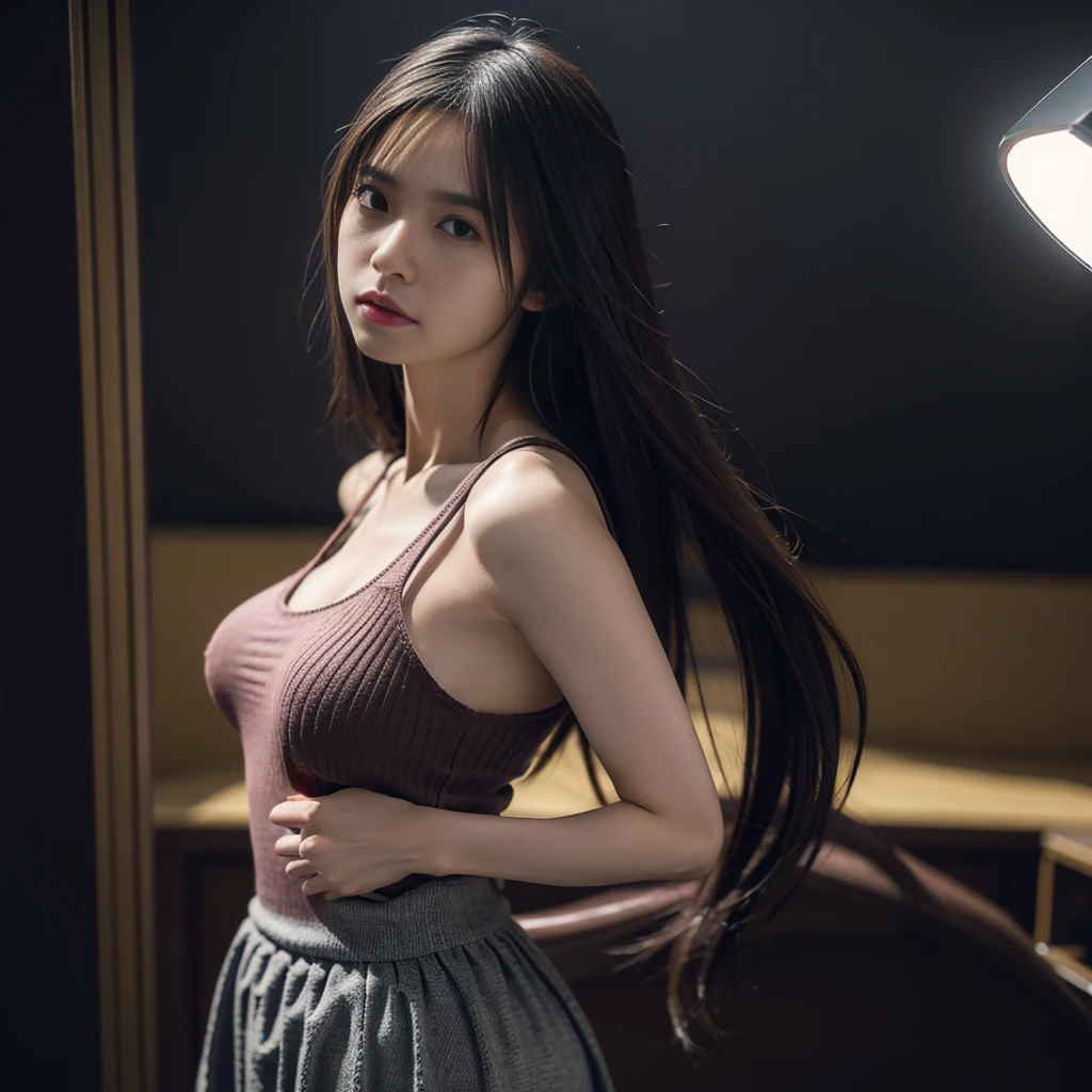 1girl, woman, masterpiece, best quality, highest quality, cinematic lighting, (volumetric lighting), extremely detailed CG unity 8k wallpaper, focused, 8k wallpaper, extremely detailed, ultra realistic, photorealistic, sharp focus, absurdres, (HDR:1.3), (high contrast), photograph, detailed and intricate, instagram, portrait, highly detailed, digital painting, artstation, concept art, smooth, sharp focus, illustration, big breast, wearing knit tank top, skirt, show back, show ass, beautiful ass, look at the viewer, realistic human body structure、perfect body, slender body, realistic skin .