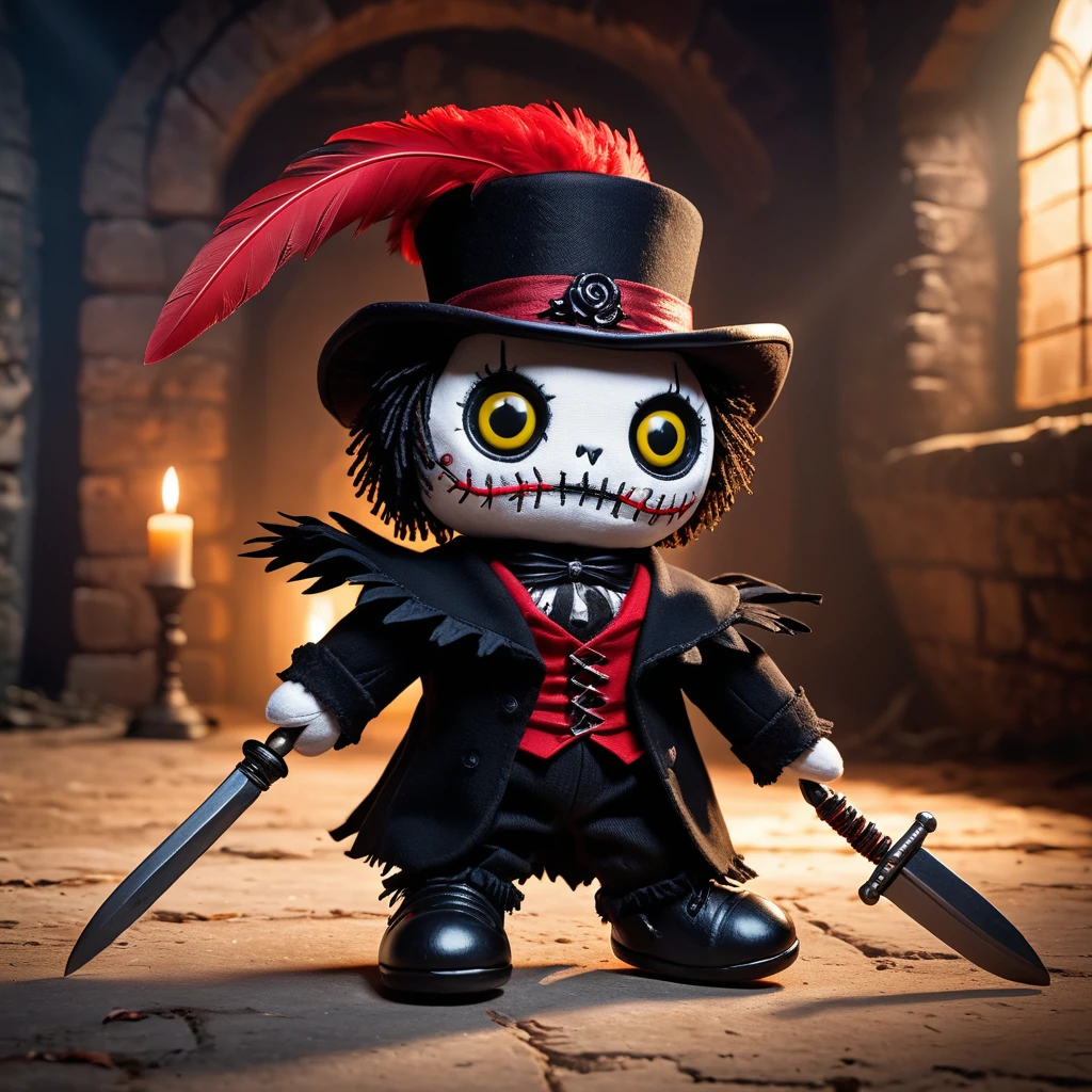 (knitted toy voodoo doll:1.6), (Voodoo Puss in Boots:1.3), (clothes Black suit with red cloak, hat with feather:1.0), (Ghost boots, dagger:1.1) (against the background Abandoned castle with shadows and light:1.3), best quality, masterpiece, detailed soft oil painting, detailed background, dramatic cinematic lighting, soft edge lighting, professional, dramatic lighting, hard edge lighting, ultra quality, 4k,masterpiece, best quality, 8k, ultra highres, highres, extremely detailed