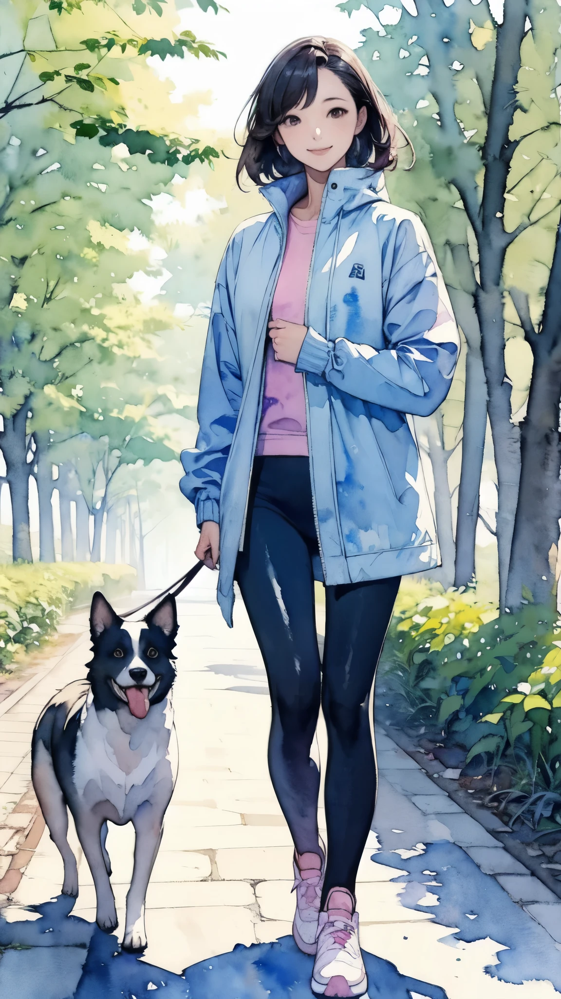 (masterpiece),(Highest quality:1.2),(Very detailed:1.2),(High resolution),(((watercolor))),8K,A woman walking along a tree-lined street,leggings,sneakers,Windbreaker,Walking with a small dog,透明watercolor,(smile)