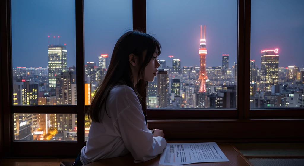 A beautiful half-Japanese, half-French girl studying by the window. Outside the window are the neon lights of the buildings.