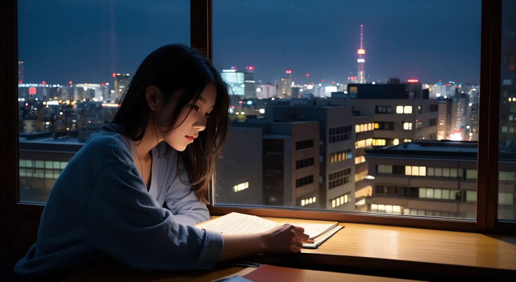 A beautiful half-Japanese, half-French girl studying by the window. Outside the window are the neon lights of the buildings.