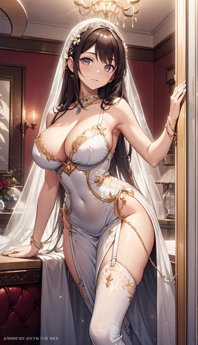 (best quality,4K,8K,High resolution,Masterpiece:1.2),very detailed,beautiful girl,Enchanted,charming,Cheerfulness,sacred,Magical effect,silver white hair,light pink wedding dress,love eyes,bridal dress,Complicated dress,lace details,bedroom,solitude,during the night,Lace stockings,แถบsacred,See-through transparent clothes,big breasts,Bare some gardens