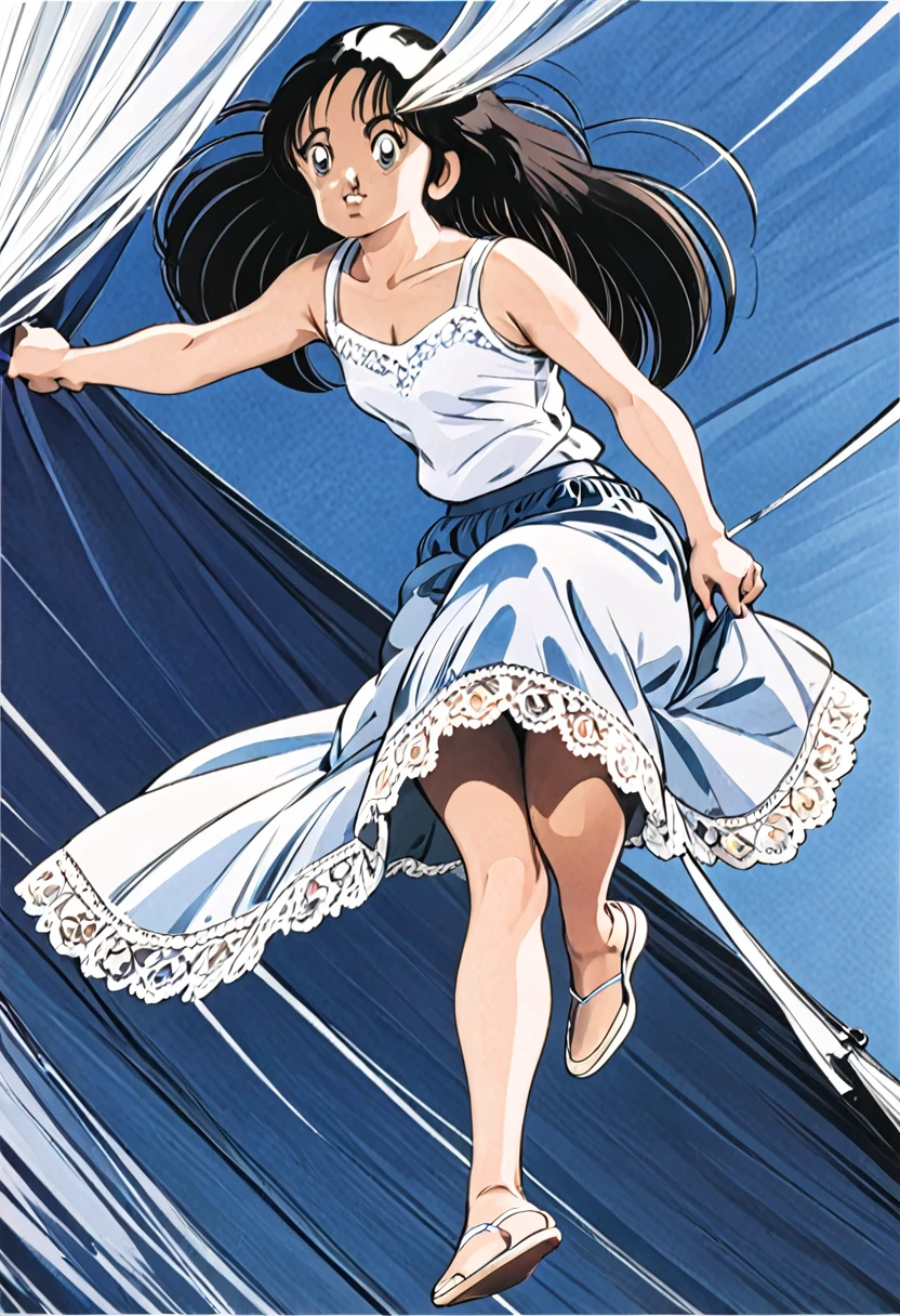 音無響子制服のLong skirt、The color is dark blue、
Low - Angle、
Low - Angle、Long skirt、Hold down your skirt that is being blown up by the strong wind、Anime white panties in a strong wind、Crotch is visible
ローレグのパンツ、Color: White、
Crotch is visible、
、Lined、White lace lining、