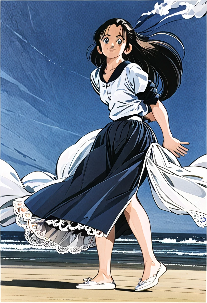 音無響子制服のLong skirt、The color is dark blue、
Low - Angle、
Low - Angle、Long skirt、Hold down your skirt that is being blown up by the strong wind、Anime white panties in a strong wind、Crotch is visible
ローレグのパンツ、Color: White、
Crotch is visible、
、Lined、White lace lining、

