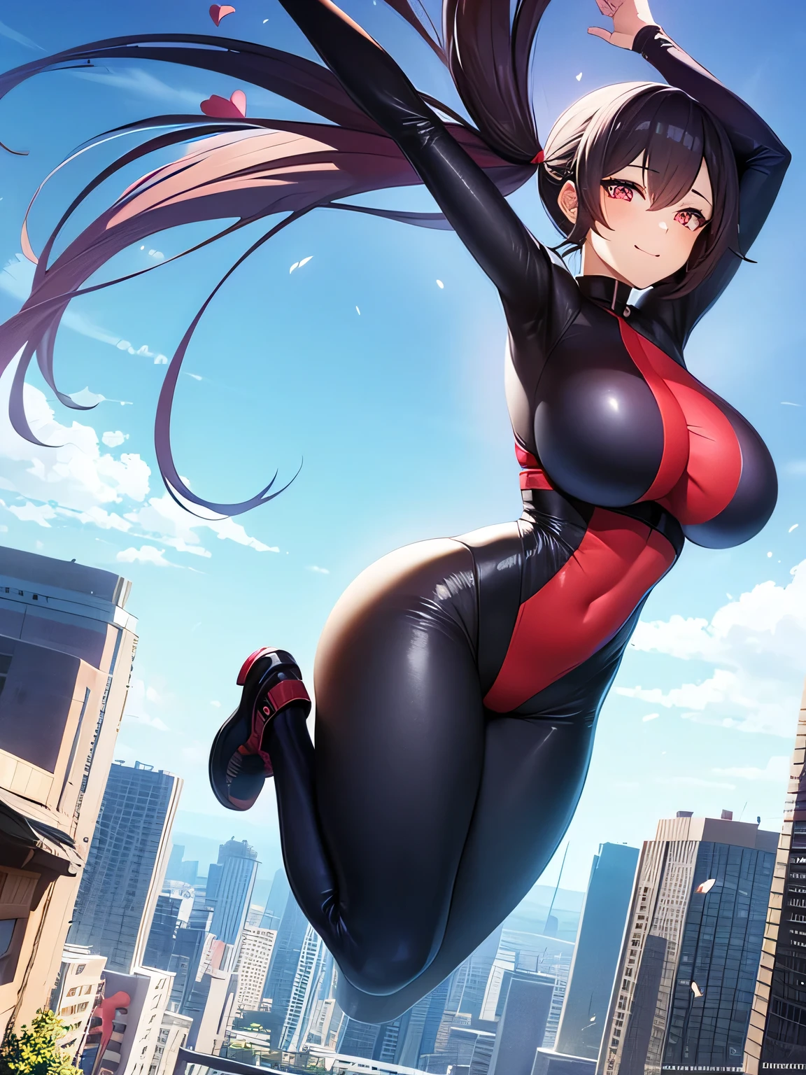 woman, 1woman, Ninja costume, Ninja, colorful, , Beautiful dark eyes, Wind effects, , city, town,Asahi,Shine,Indri Smile,(Giant bust:1.3),good morning,Heart symbol,