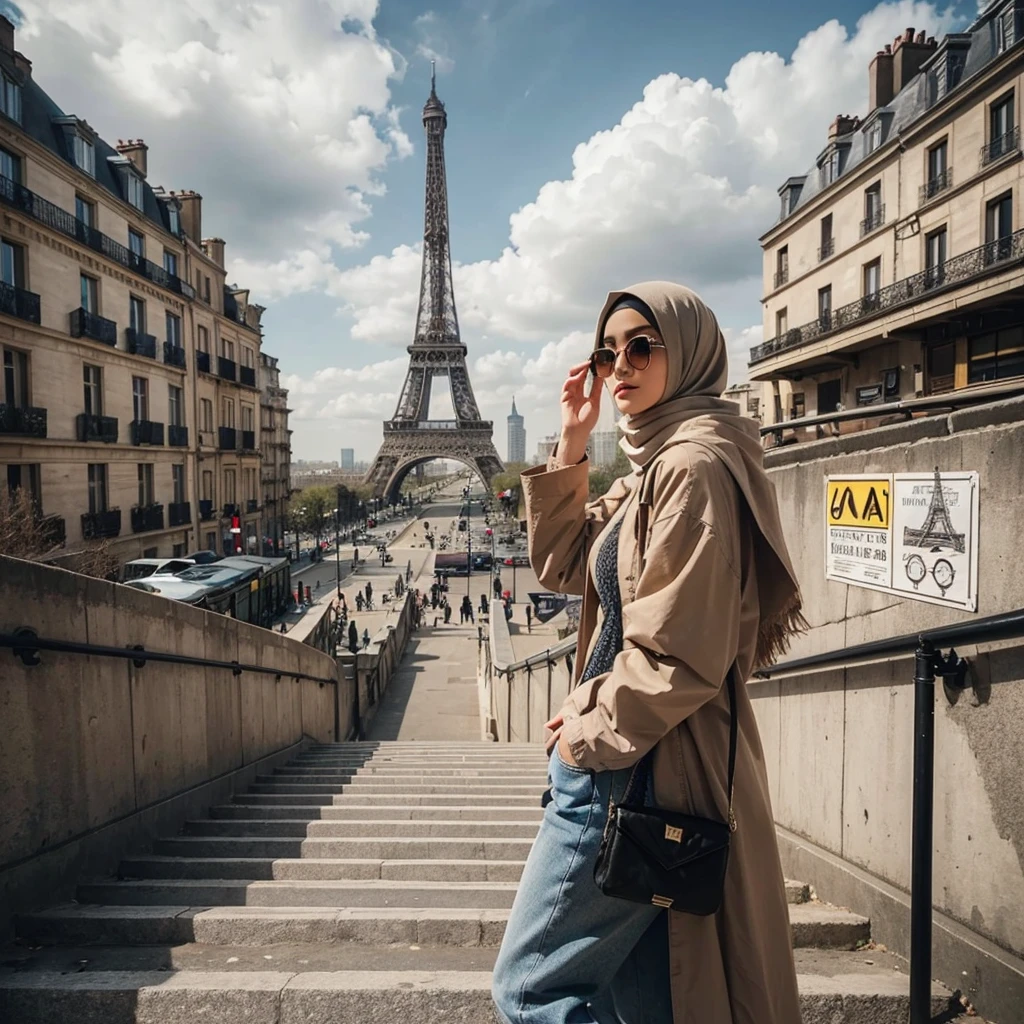A long-distance shot of a beautiful woman in casual attire hijab,standing on stairs ,her hand touch her sunglasses,leading to the Eiffel Tower.the tower is far,her faces look away the camera, looking toward the tower.The sky is partly cloudy and buildings surround the area, creating an urban atmosphere.At the bottom left of the stairs, there’s a caution sign with a warning symbol.The shot is taken from far below.