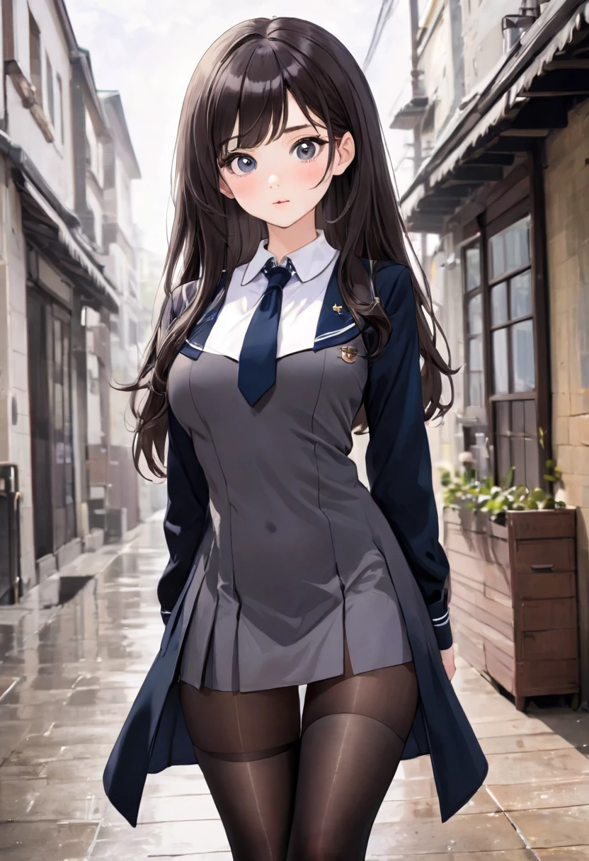 Best Quality, Full Body Portrait, Delicate Face, Beautiful Face, Big Eyes: 1.1, Makeup: 1.2, 25 Years Old Woman, Slim Body, Small Bust, OL Uniform, Female White Collar Uniform, Office Uniform, Black Stockings, Outdoor Scene, Standing, Long Hair, Nudity, Nudity, Nudity