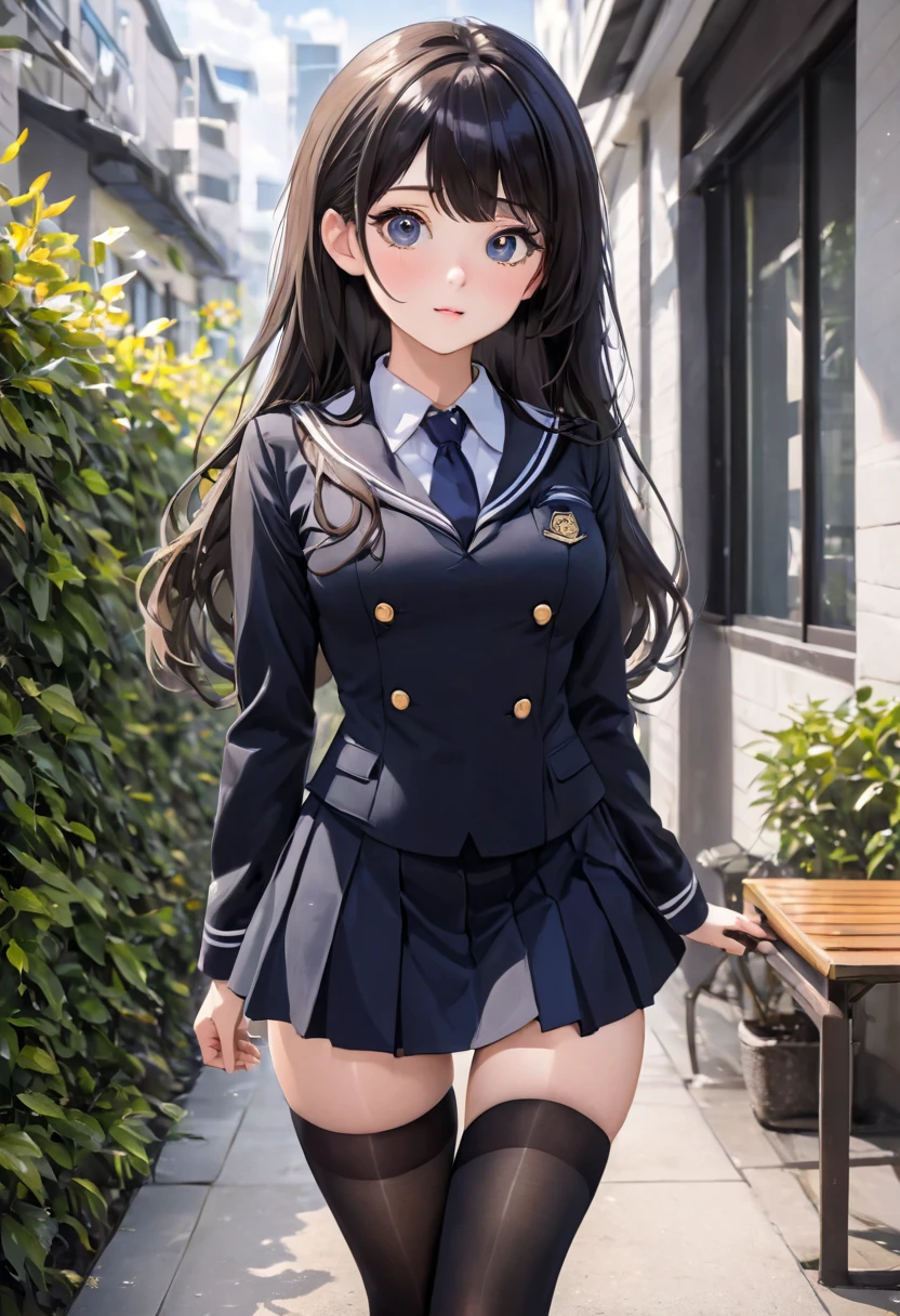 Best Quality, Full Body Portrait, Delicate Face, Beautiful Face, Big Eyes: 1.1, Makeup: 1.2, 25 Years Old Woman, Slim Body, Small Bust, OL Uniform, Female White Collar Uniform, Office Uniform, Black Stockings, Outdoor Scene, Standing, Long Hair, Nudity, Nudity, Nudity