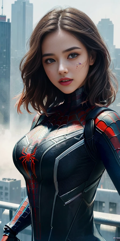 (1girl:1.3), Solo, (((Very detailed face)))), ((Very detailed eyes and face)))), Beautiful detail eyes, Body parts__, Official art, Unified 8k wallpaper, Super detailed, beautiful and beautiful, beautiful, masterpiece, best quality, original, masterpiece, super fine photo, best quality, super high resolution, realistic realism, sunlight, full body portrait, amazing beauty, dynamic pose, delicate face, vibrant eyes, (from the front), She wears Spider-Man suit, red and black color scheme, spider, very detailed city roof background, rooftop, overlooking the city, detailed face, detailed complex busy background, messy, gorgeous, milky white, highly detailed skin, realistic skin details, visible pores, clear focus, volumetric fog, 8k uhd, DSLR, high quality, film grain, fair skin, photo realism, lomography, futuristic dystopian megalopolis, translucent
Ela é gostosa, foto da bunda, ela é peituda