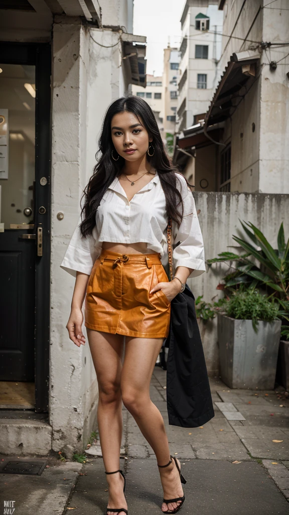 (8K, Ultra high res:1.1) Nguyen, an 18-year-old vibrant Vietnamese girl, exudes youthful charm in a modern Vietnamese-inspired outfit. She wears a stylish áo dài with contemporary patterns and designs, showcasing her fashion-forward sense. The high-resolution image captures ultra-detailed realism, highlighting Nguyen's captivating brown eyes, flawless complexion, and long black hair. The urban backdrop with its colorful street art and bustling cityscape adds a touch of youthful energy, creating a visually captivating representation of Nguyen's modern Indonesian style.