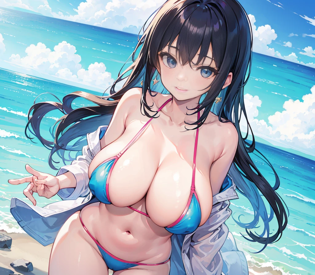 1 girl,huge breasts, hanging breasts, giant breasts, bikini joke,looking at the viewer, SMILE, sky,ocean,swimsuit under clothes, From above, nipple pinch, areola,large areolas, swollen nipples,,