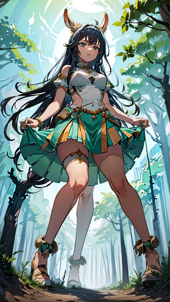 In a forest of large trees there is an even larger Amazonian giantess, with brown skin, black hair, thin, with clothes of the forest, and with very long legs, she is looking for small human invaders of the forest to destroy them so that they do not disturb the peace of the forest. Giantess, goddess, hot, black skin, tall legs, sexy, tiny people, tiny humans, crush, forest, trees, standing, group of small people, slim body