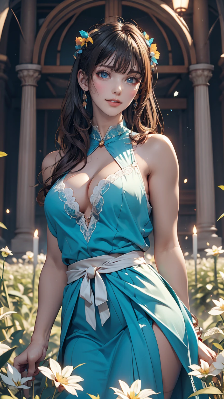 masterpiece, Highest quality, Ultra-high resolution, detailed illustration, Portraiture, detailed, A girl standing in a wheat field, alone, Long Hair, dress, flower, White Hanfu, smile, whole body, white flower, Bare shoulders, very Long Hair, Aqua Hair, Mouth closed, In-person audience, bangs,Sexy proportions、Narrow waist、Sexy