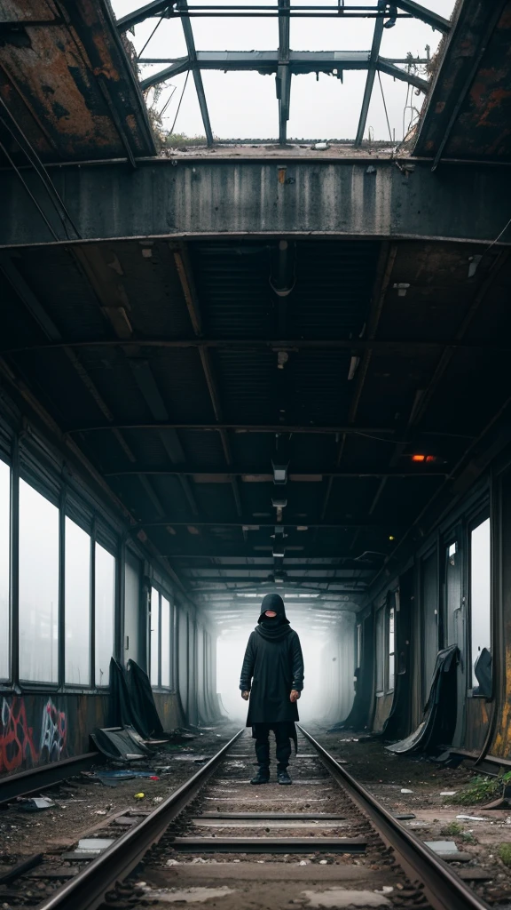solitary figure wearing flowing lightweight black garments and a clearly visible balaclava, on a deserted, dilapidated train station platform, rusty tracks and overgrown weeds, shattered windows and graffiti, foggy ambiance, aura of mystery and loneliness, suspenseful and haunting, normal lens, ambient lighting