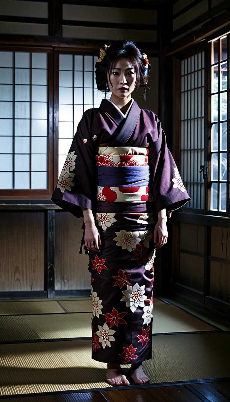 A realistic photograph capturing a Japanese woman in her 30s, dressed in a traditional kimono. She is standing in a full-body shot, posed in a menacing, oni-like stance. The background is a typical horror movie setting inspired by “Ju-on” (The Grudge), featuring an eerie, abandoned house with decaying walls, dark shadows, and a sense of foreboding. Despite the daytime setting, the light is dim and filtered through dirty windows, casting unsettling shadows and enhancing the chilling atmosphere. Ensure the image is as realistic as possible, akin to a live-action scene from a horror film. No text should be included in the photo.