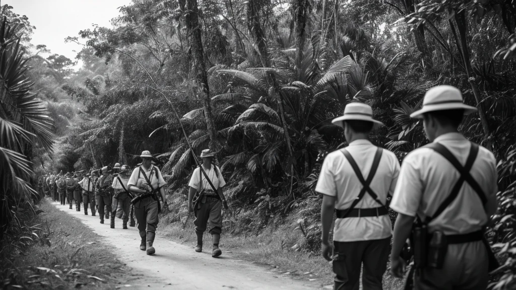 1930s, monochrome photography, a lot of Southeast Asian mercenaries, jungle without road, march through the jungle,walk through the trees, 32K, Best quality, Masterpiece, super detail, High Details,