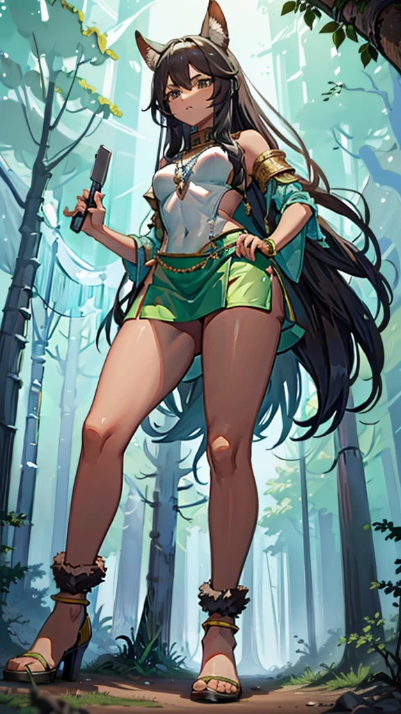 In a forest of large trees there is an even larger Amazonian giantess, with brown skin, black hair, thin, with clothes of the forest, and with very long legs, she is looking for small human invaders of the forest to destroy them so that they do not disturb the peace of the forest. Giantess, goddess, hot, black skin, tall legs, sexy, tiny people, tiny humans, crush, forest, trees, standing, group of small people, slim body