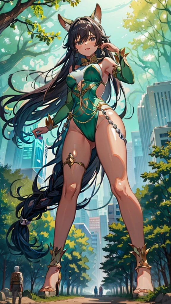 In a forest of large trees there is an even larger Amazonian giantess, with brown skin, black hair, thin, with clothes of the forest, and with very long legs, she is looking for small human invaders of the forest to destroy them so that they do not disturb the peace of the forest. Giantess, goddess, hot, black skin, tall legs, sexy, tiny people, tiny humans, crush, forest, trees, standing, group of small people, slim body