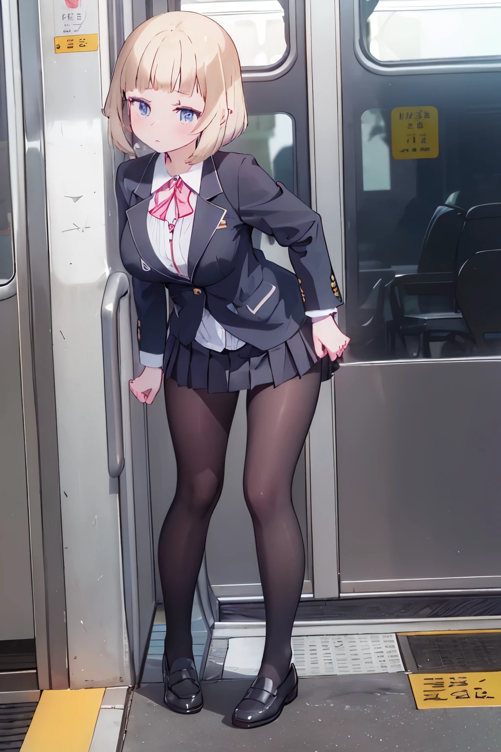 (8K、Highest quality、highest quality、masterpiece)、Detailed face、One girl、One Man、、、short hair、、blunt bangs、Grey Eyes、、、((Blazer jacket uniform))、((Pleated skirt))、((No panties))、((bent over))、on the train、on the trainでオナニー、Very large breasts、Nipples are visible、、Black Pantyhose、Milk dripping from nippleilk spurting from the nipple、、Open your mouth、Troubled face、Love juice from the genitals、Full body portrait、One man、Hearts in the eyes、Sex、Black Loafers、Applying the to the crotch、Put the in your、Masturbate