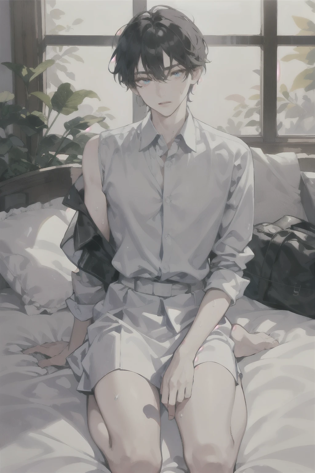 masterpiece, best quality, ultra detailed, (solo man), (male focus), ((Oblong face)), ((Square jawline)), black hair, ((hairs between eyes)), ((shoulder length)), ((narrow blue eye)), fair skin, skinny body, beauty mark, {uniform, outfit, clothes}, dress shirt, (Giving an insincere smile:0.7), snfw, (entangled a big albino snake), spread legs on bed, (completely nude:1.3), front face