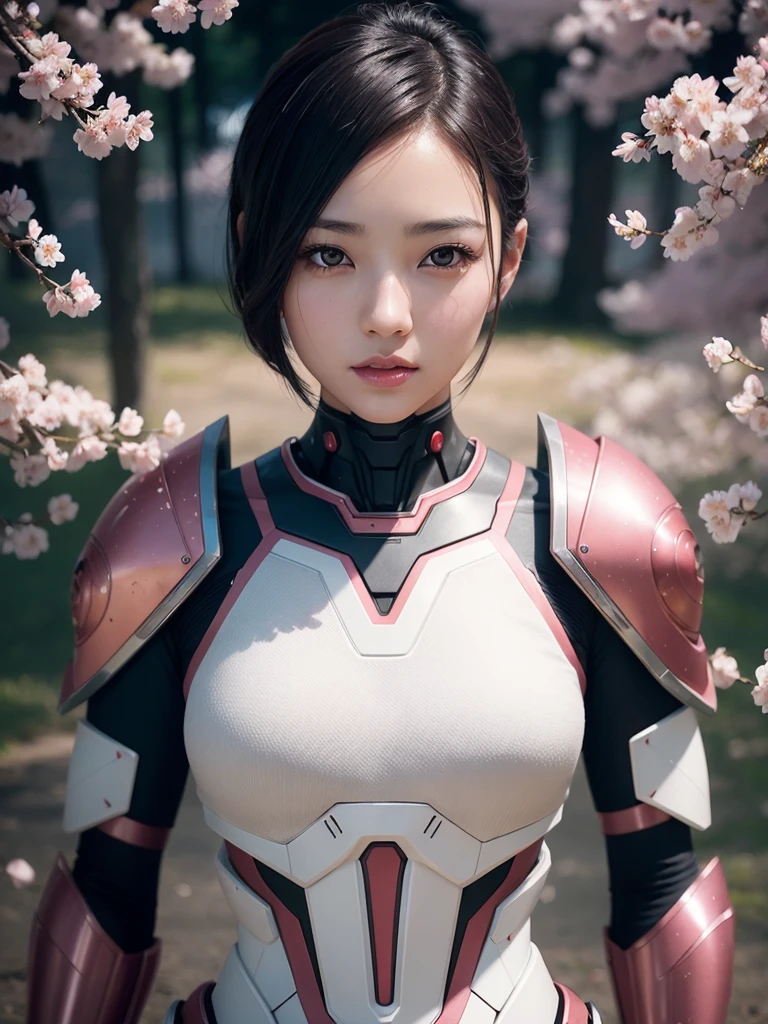 beautiful japanese young woman, wearing cyborg armor, thick symmetrical features, very short hair, background is cherry blossoms, pink aura, red lips, octane render,