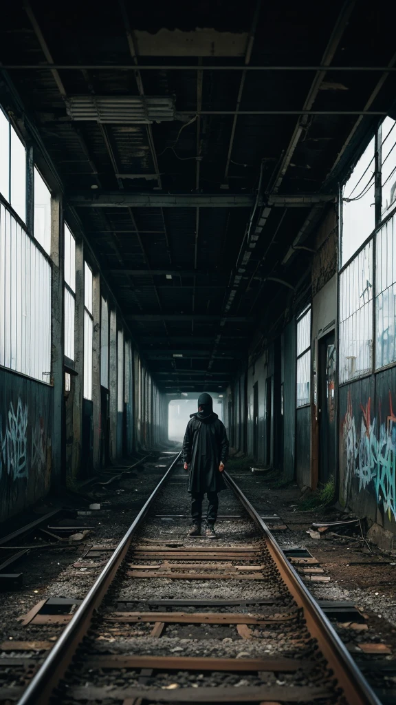 solitary figure wearing flowing lightweight black garments and a clearly visible balaclava, on a deserted, dilapidated train station platform, rusty tracks and overgrown weeds, shattered windows and graffiti, foggy ambiance, aura of mystery and loneliness, suspenseful and haunting, normal lens, ambient lighting