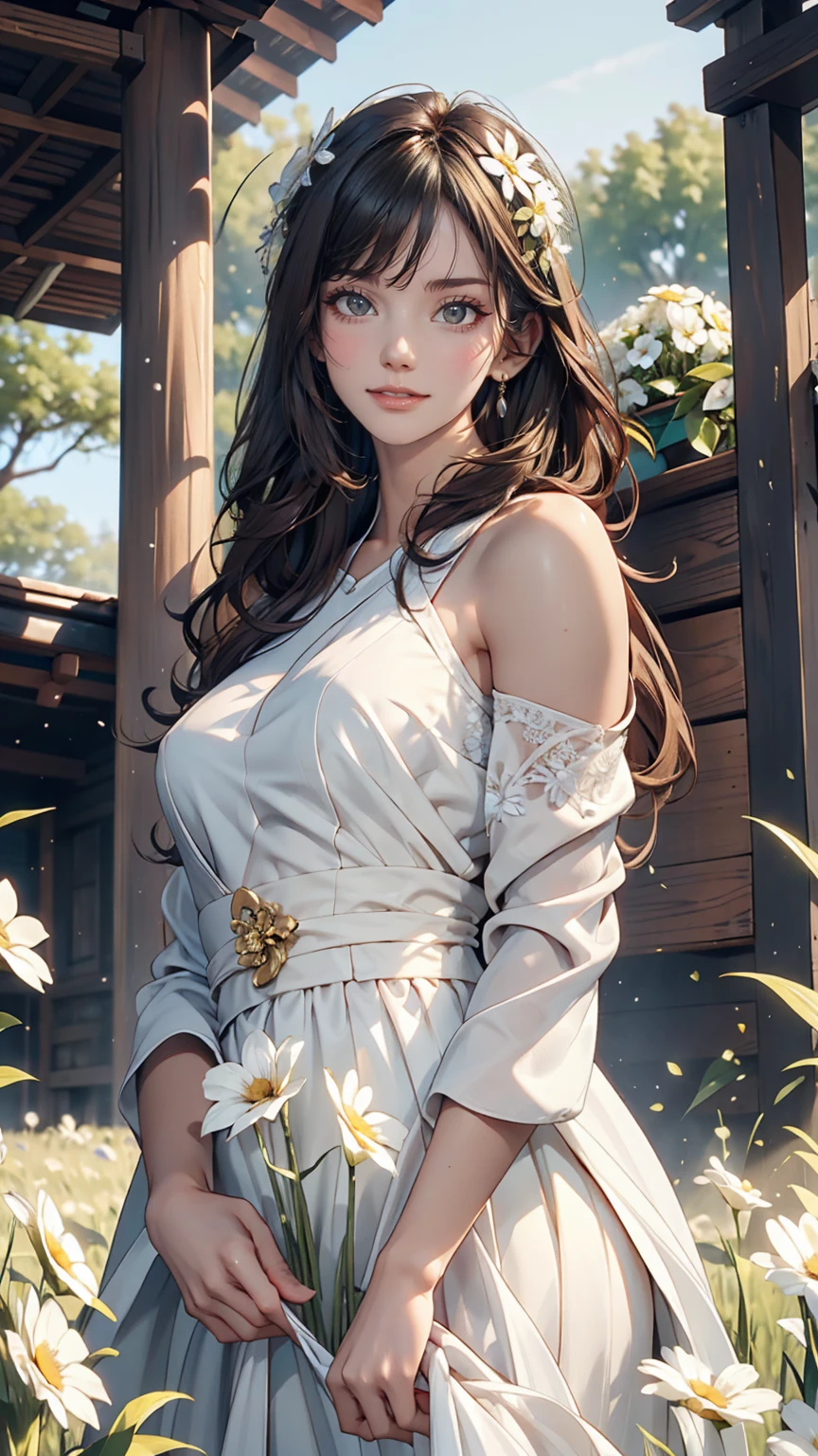 masterpiece, Highest quality, Ultra-high resolution, detailed illustration, Portraiture, detailed, A girl standing in a wheat field, alone, Long Hair, dress, flower, White Hanfu, smile, whole body, white flower, Bare shoulders, very Long Hair, Aqua Hair, Mouth closed, In-person audience, bangs,Sexy proportions、Narrow waist、Sexy