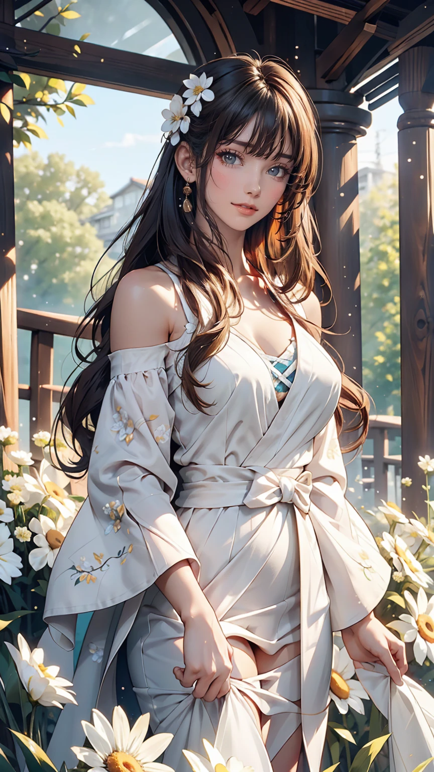 masterpiece, Highest quality, Ultra-high resolution, detailed illustration, Portraiture, detailed, A girl standing in a wheat field, alone, Long Hair, dress, flower, White Hanfu, smile, whole body, white flower, Bare shoulders, very Long Hair, Aqua Hair, Mouth closed, In-person audience, bangs,Sexy proportions、Narrow waist、Sexy