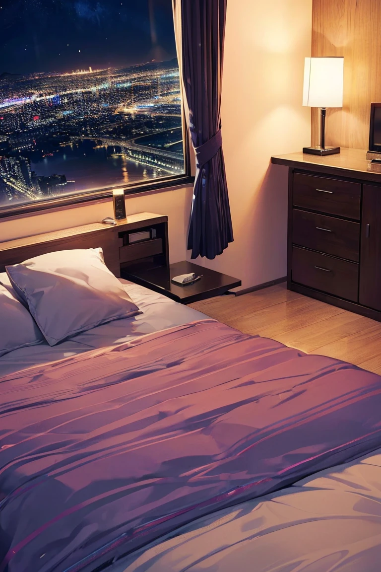 Late at night,0:00 at night、Room with a night view、It's pitch black outside、((You can see the night view from the window:2)), bedroom、Girl sitting on bed、(One Girl),(Beautifully drawn eyes in every detail、Look at the details、masterpieceサイドライト、masterpiece、Highest quality、detailed、High resolution illustrations),Delicate makeup, (Close-up:1.2)、throw、Soft Focus、Background blur、Turn to me and smile,Iris,(((Silver Hair,Her hair color is a blue-gray gradient))), Semi-long hair:1.2, 非常にdetailedな, Complex, Tabletop,purple camisole dress、