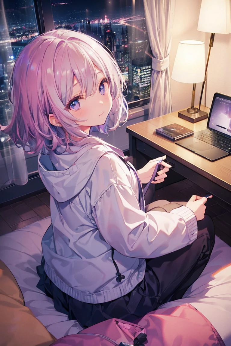Late at night,0:00 at night、Room with a night view、It&#39;s pitch black outside、((You can see the night view from the window:2)), bedroom、Girl sitting on bed、(One Girl),(Beautifully drawn eyes in every detail、Look at the details、masterpieceサイドライト、masterpiece、Highest quality、detailed、High resolution illustrations),Delicate makeup, (Close-up:1.2)、throw、Soft Focus、Background blur、Turn to me and smile,Iris,(((Silver Hair,Her hair color is a blue-gray gradient))), Semi-long hair:1.2, 非常にdetailedな, Complex, Tabletop,purple camisole dress、