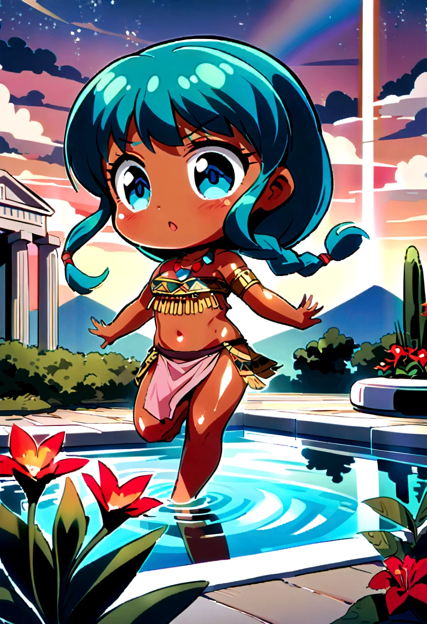 score_9, score_8_up, score_7_up, lum, solo, retro artstyle, 1980s style, breasts, blue eyes, eyeshadow, green hair, bangs, aqua hair, dynamic angle, large breasts, large ass, little tribal,(((little,small tiny body,chibi,small))),((())),(((1 toddler:1.4))),(baby face),(round face),(big forhead:1.2),(beautiful big eyes:1.3),extremely detailed cute anime face,((((long twin braids,tight braids,long braid,braided hair,long hime cut,dark hair,colored inner hair)))),intricate eyes,beautiful detailed eyes,symmetrical eyes,(big eyes:1.5),((((lustrous skin:1.5,tanned skin,bright skin: 1.5,skin tanned,shiny skin,very shiny skin,shiny body,Reflective skin)))),(((detailed face))),beautiful detailed lips, (cute,kawaii,(nsfw)),no top,no bra,loincloth with no panties,tatters,tribal,barefoot,bare arms,exposed belly button,necklace,((pink loincloth,wet loincloth,intricate loincloth)), dynamic pose,looking at viewer,embarrassed,centered,scale to fit dimensions,Rule of thirds, ((beautiful bath house made of greek marble and pillars, beautiful clear water in pool)),scenery:1.25,((intricate scenery)),((greek temple background)),outdoors,overgrown,(overgrown background,glowing crystals,bioluminescent plant),extremely scenery,(((glowing crystals,bioluminescent plants))),(puddles everywhere,moss,moss on the background),clouds,lily pads,palms,reeds,(sunset, golden hour), (Glossy Egyptian ornaments),highres,sharp focus,(ultra detailed,extremely detailed),(extremely detailed CG unity 8k wallpaper),(((vibrant colors,vibrant theme))),(intricate),(masterpiece),(best quality), ((akanbe)), ((Eyelid pull)), ((tongue out)), rainbow in pool,