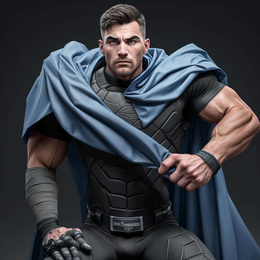 A full-body 3D male realistic model, wearing a full-body hero suit and cape in the pattern of a professional baseball uniform, a very short-haired, crew-cut, cool, dandy-looking, veteran-aged man with a shiny, sparkling blue cape that is longer than his body, gloves and a cap are always worn, an original hero, only the eyebrows, eyelashes and eyes are visible, his mouth is bandaged and sealed, the upper half of his face is bare with a sharp look in his eyes, he has six-pack abs, a muscular, macho, sturdy body and is cool, with both legs closed and both hands clasped behind his back in an X shape, his whole body tied up and sealed with duct tape and held. Tired, he has collapsed and is sleeping with his eyes closed. A coat of arms, in a dark room background, his whole body facing forward, backward, left and right (north, south, east and west), an image of him being mummified and restrained