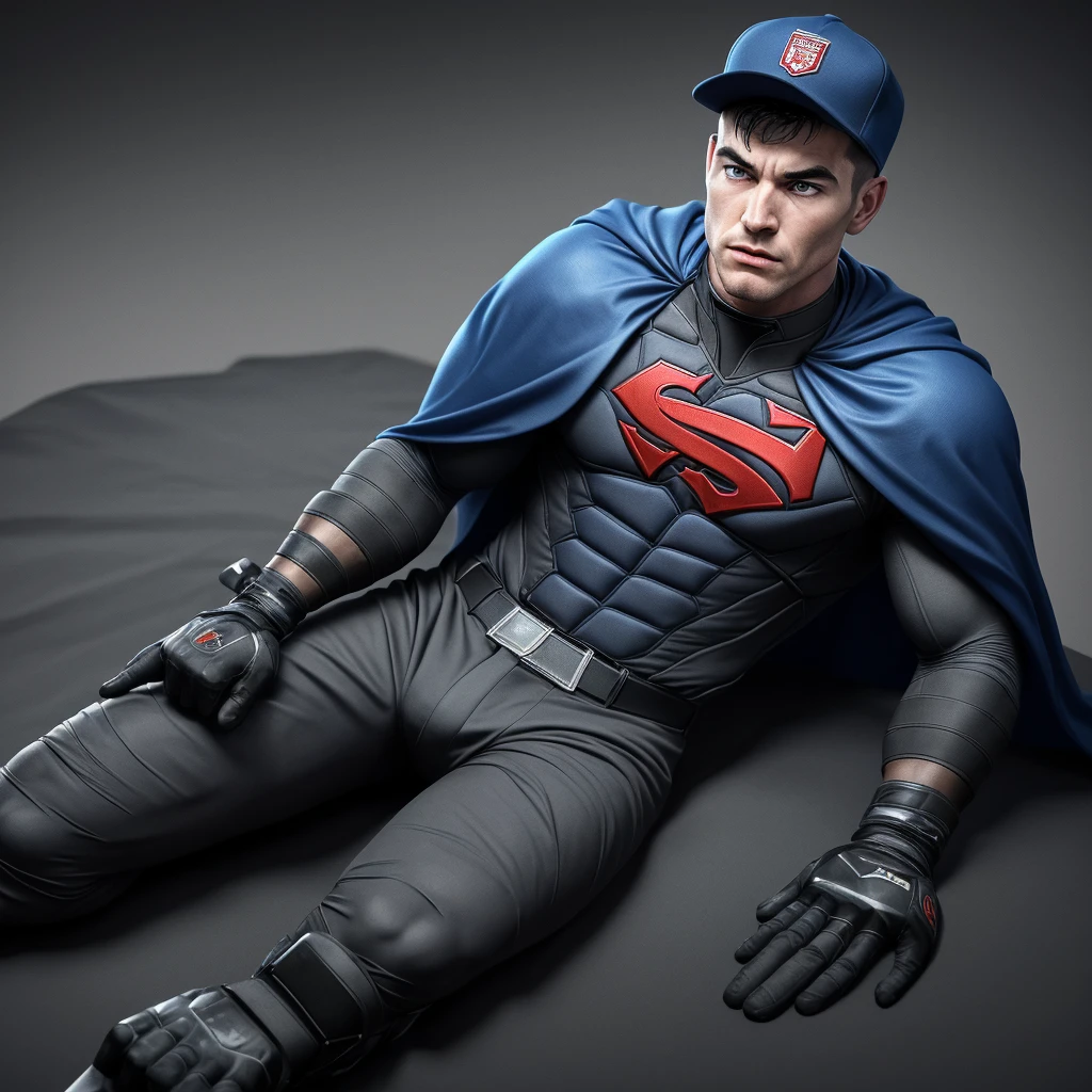 A realistic 3D male model in full body composition, wearing a full body hero suit and cape in the pattern of a professional baseball uniform, a very short haired, crew cut, cool, dandy-like, veteran-aged man with a shiny, sparkling blue cape that is longer than his body, gloves and a cap are always worn, an original hero, only the eyebrows, eyelashes and eyes are visible, his mouth is bandaged and sealed, the upper half of his face is bare with a sharp gaze, he has six pack abs, a muscular macho man with a sturdy body, he has both legs closed, his hands are clasped behind his back in an X shape, his whole body is bound and sealed with duct tape and he is held down. He has collapsed from exhaustion and is sleeping with his eyes closed. A coat of arms, in a dark room background, his whole body facing forward, backward, left and right (north, south, east and west), an image of him being restrained and mummified.